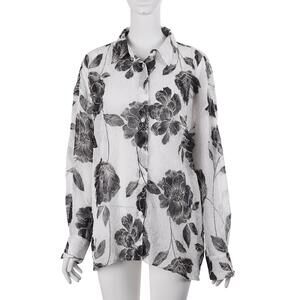 BAILEY 44 Top L White Black Floral Crinkle Sheer Long Sleeve Button Up Blouse